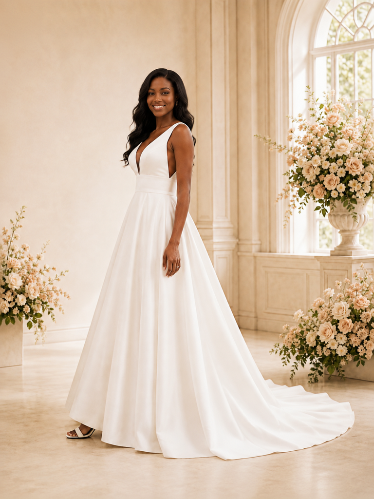 ChicSew Simple V-Neck Satin A-Line Sleeveless Floor-Length Wedding Dress