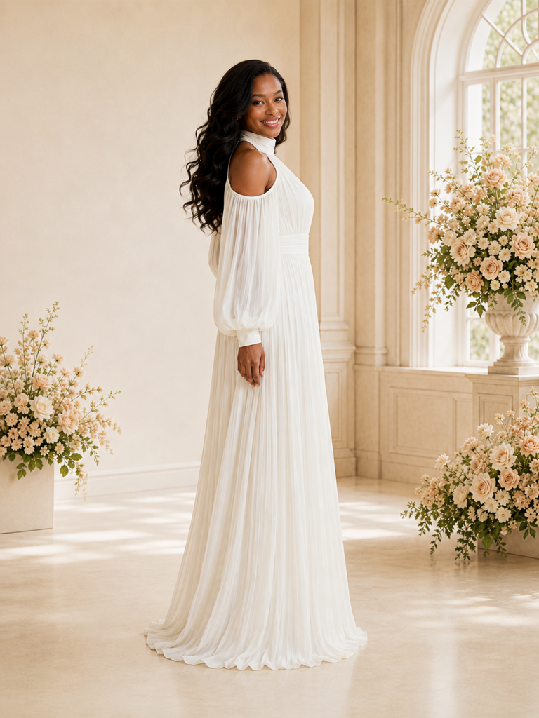 ChicSew Elegant High Neck Long Sleeves Pleats Chiffon A-Line Maxi Wedding Dress