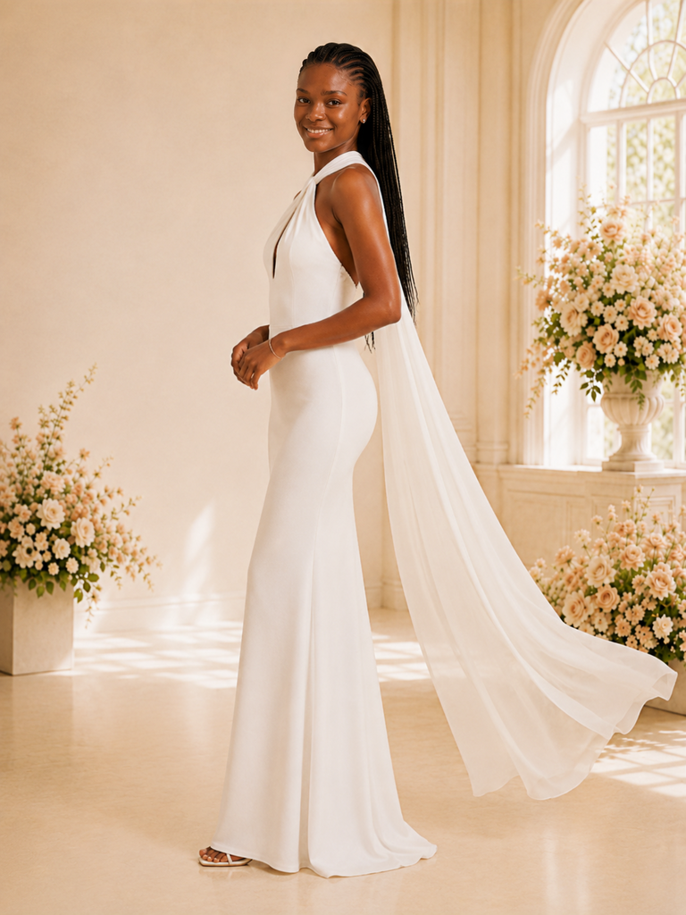 ChicSew Elegant Halter Crepe Mermaid Floor-Length Wedding Dress
