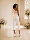 ChicSew Modern Unique One Shoulder Crepe Tea-Length Wedding Jumpsuit With Lace Applique Drape