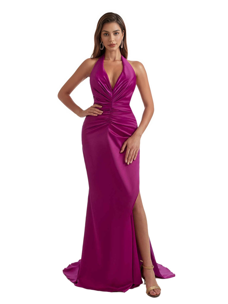Sexy Halter Mermaid Ruched Satin Modern Long Bridesmaid Dresses V-neck Side Split
