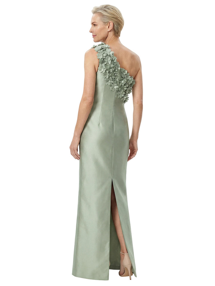 Unique 3D Floral Applique One Shoulder Mother Of The Bride Satin Maxi Gown