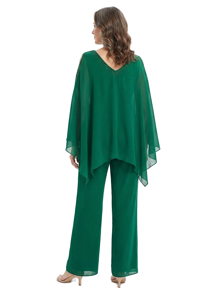ChicSew Unique Beaded V-Neck Mother Of The Bride Pant Suits With Chiffon Cape Sleeves Set