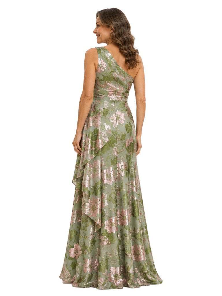 Chicsew Elegant Floral One Shoulder Ruched A-Line Long Mother of The Bride Dresses