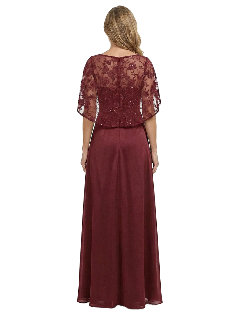 ChicSew Round Neck Cape Sleeve Beaded Lace Applique Ruched Waist Floor Length Chiffon Elegant Mother of the Bride Dresses