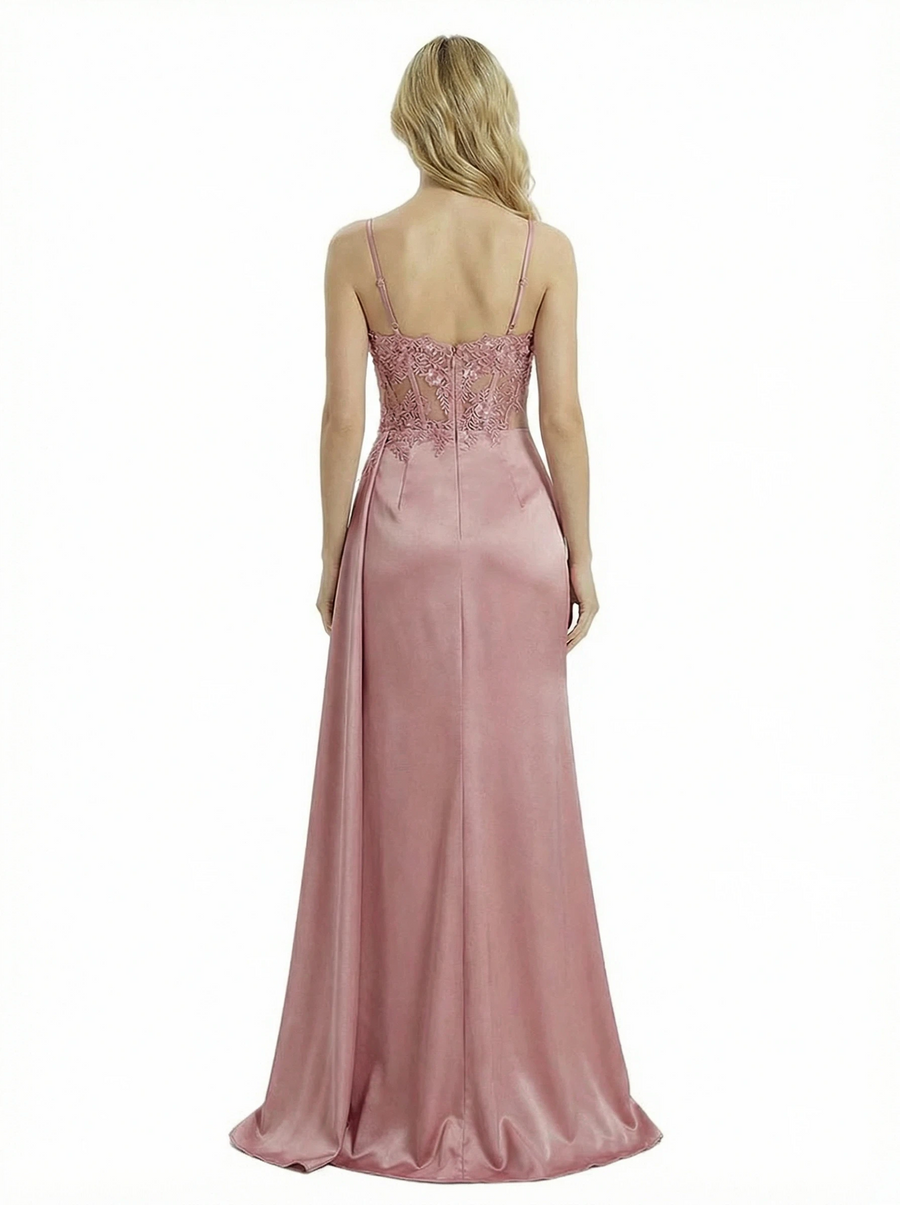 Elegant Spaghetti Straps V-Neck Side Slit Boning Mermaid Formal Gown Floor-Length Prom Dress