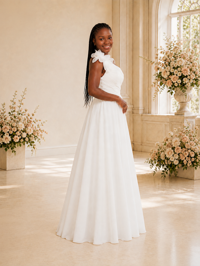 ChicSew Elegant One Shoulder Chiffon A-Line Maxi Wedding Dress With Floral Applique
