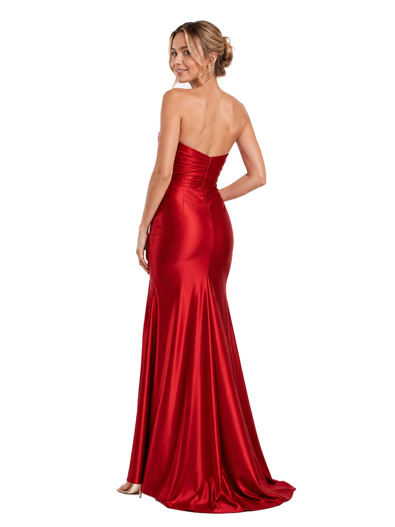 ChicSew Sexy Strapless Sweetheart Cutout Mermaid Satin Side Slit Ruched Maxi Bridesmaid Dress