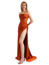 Sexy Strapless Silky Satin Side Split Mermaid Chic Long Bridesmaid Dresses Online
