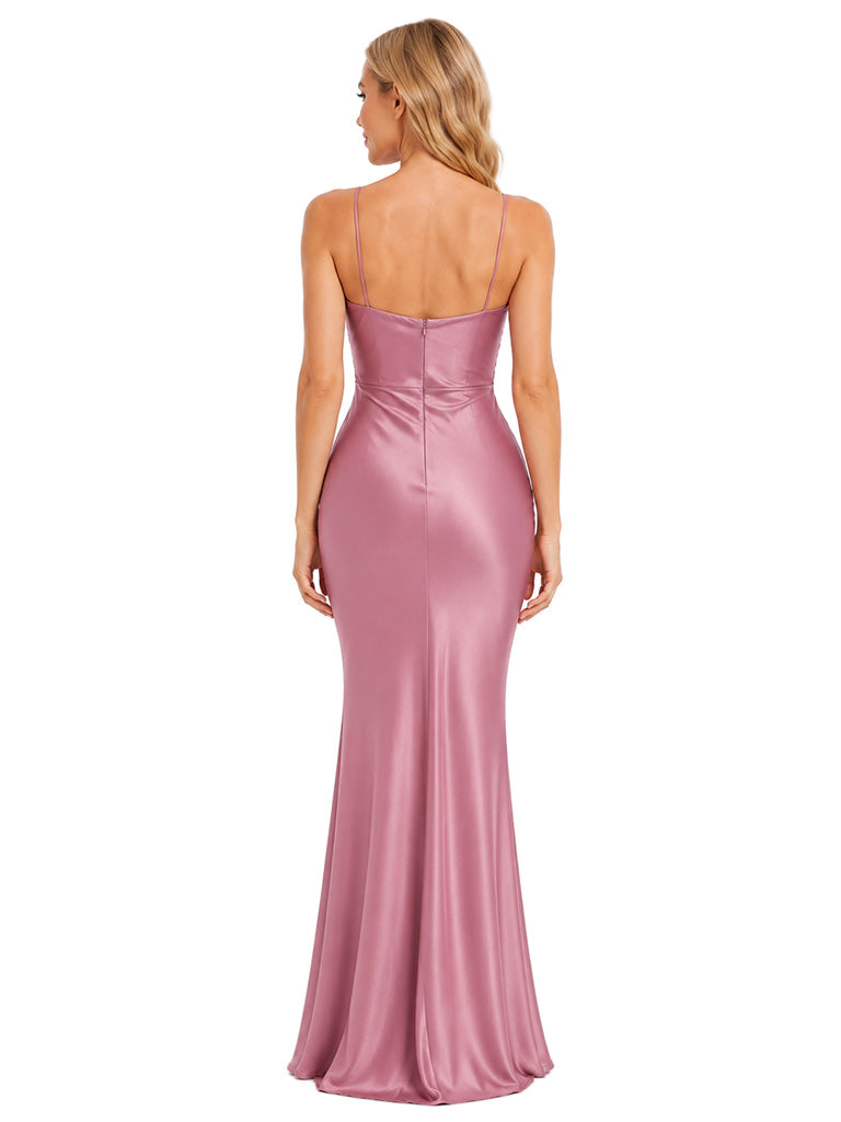 ChicSew Modern Spaghetti Straps Ruched Mermaid Floor Length Satin Bridesmaid Gowns For Elegant Wedding Ceremonies