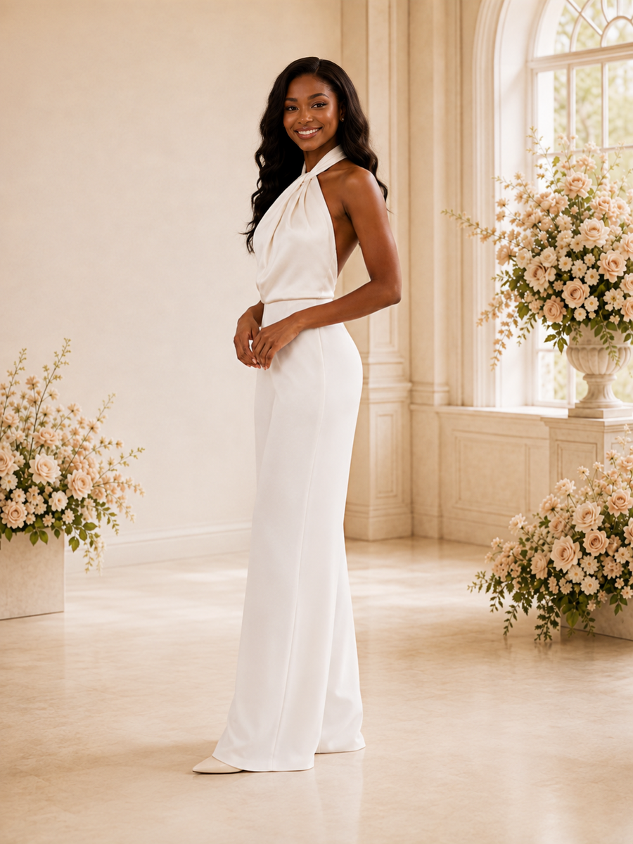 ChicSew Modern Halter Open Back Satin Floor-Length Wedding Jumpsuit