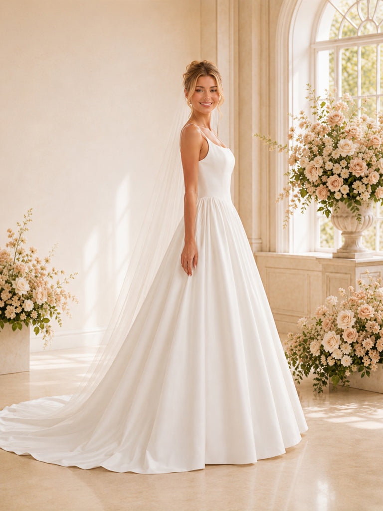 ChicSew Elegant Square Neck Spaghetti Straps Satin A-Line Long Wedding Dresses