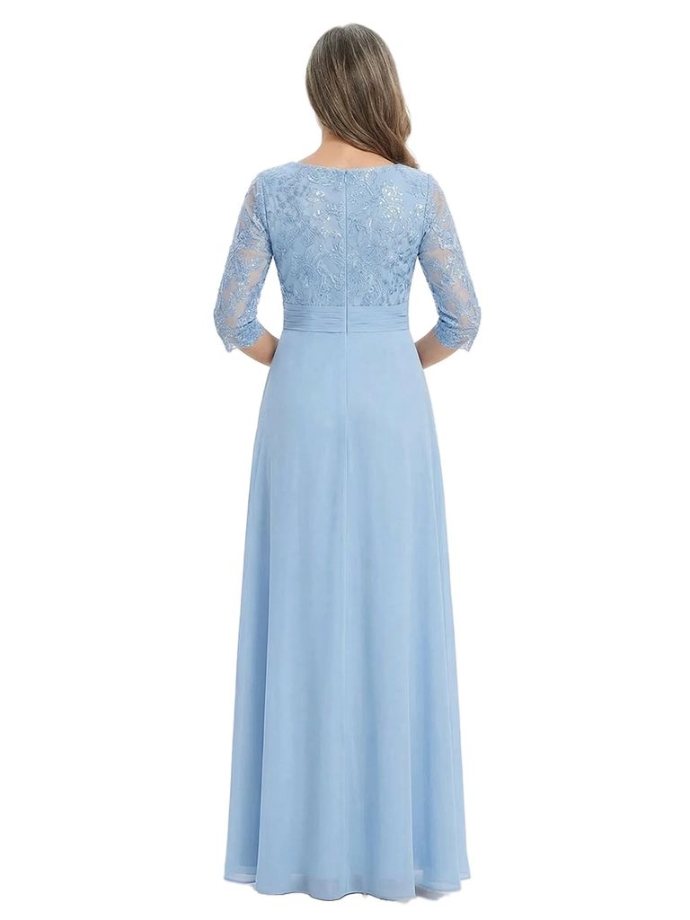ChicSew V-Neck 3/4 Sleeve Lace Side Ruffle Floor Length Chiffon Mom Of The Groom Dresses