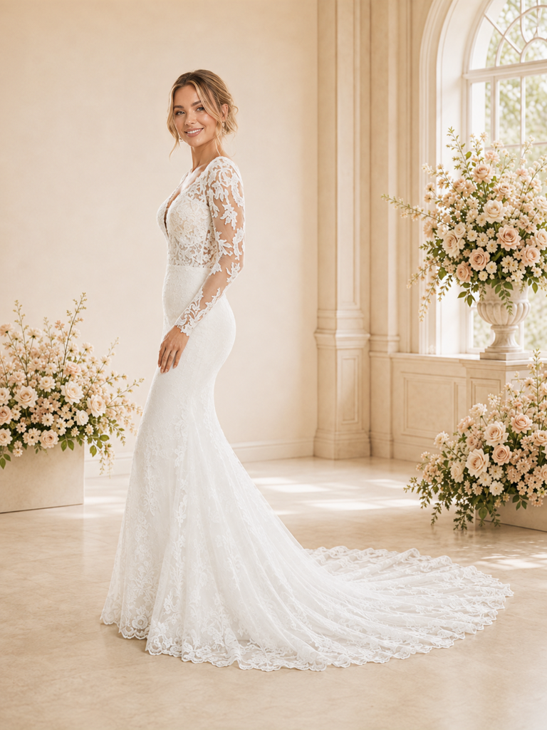 Chicsew Fancy V-Neck Long Sleeves Lace Mermaid Floor-Length Wedding Dress