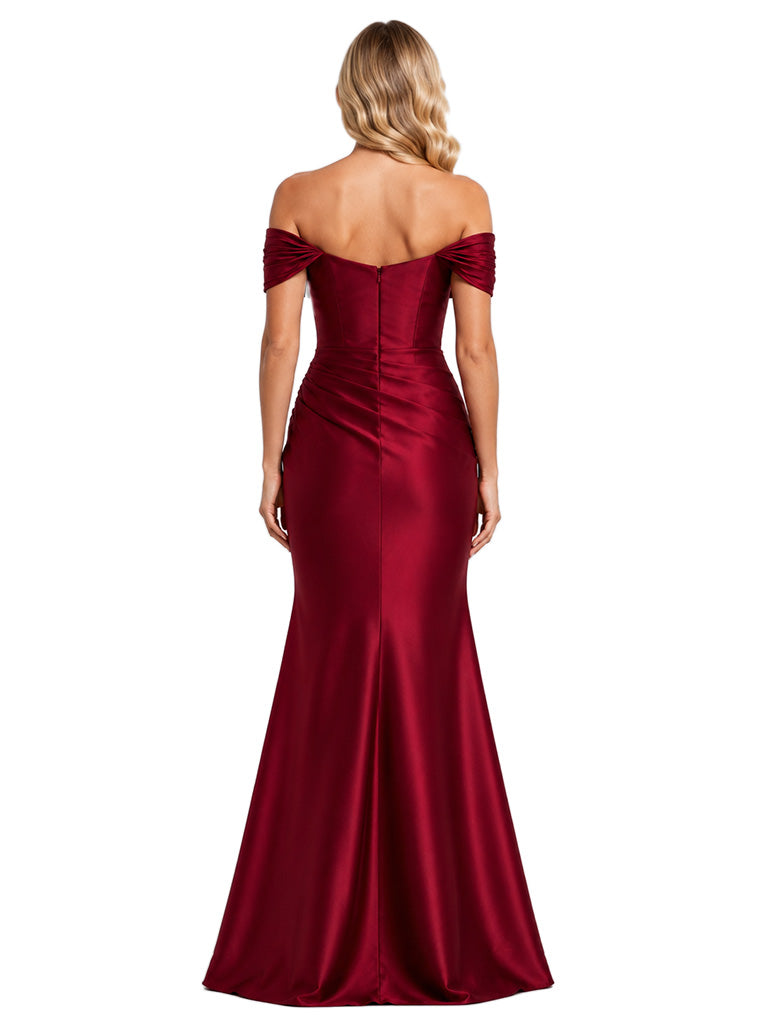ChicSew Sexy Off The Shoulder Soft Satin Bridesmaid Dress With Sweetheart Side Slit Mermaid Gown