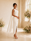 ChicSew Elegant One Shoulder Crepe Sheath Side Slit Ruched Tea-Length Wedding Dress With Oversized Bow