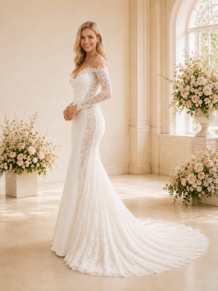 ChicSew Unique Glamorous Long Sleeves Mermaid Lace Applique Crepe Maxi Long Wedding Dress