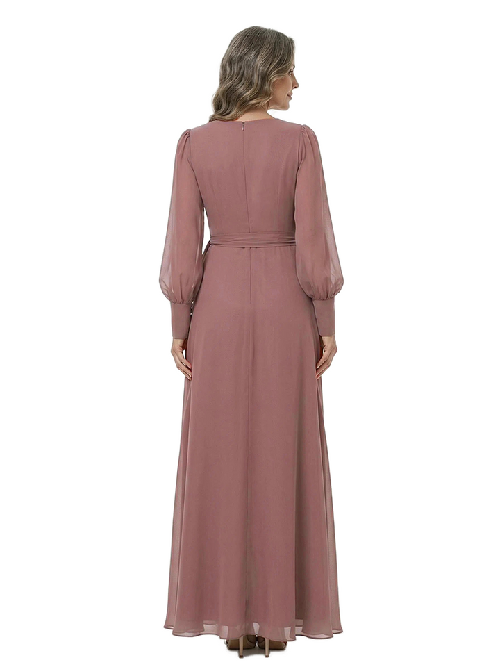 ChicSew Pretty Long Sleeves V-Neck Chiffon Ruffle Side Slit A-Line Mother Of The Bride Dresses
