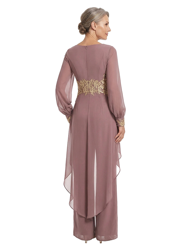ChicSew Long Sleeves Jumpsuit For Mother Of The Bride V-Neck Lace Chiffon Pant Suit