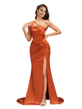 Sexy Side Slit One Shoulder Mermaid Long Soft Satin Bridesmaid Dresses