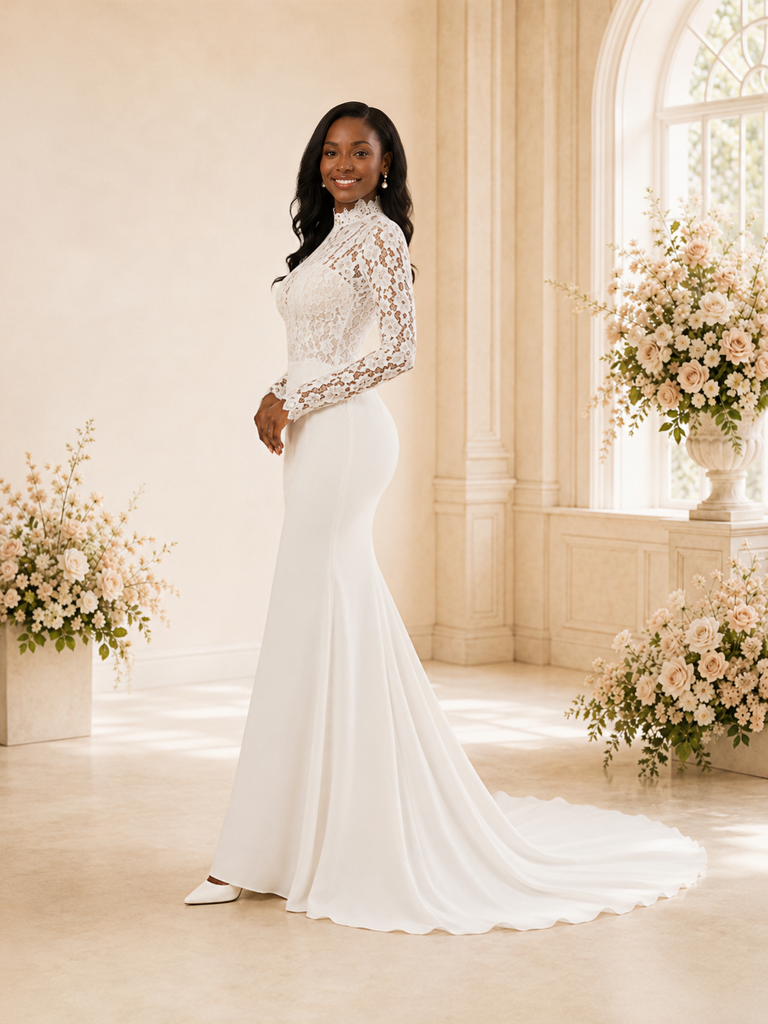 ChicSew Modern Mermaid High Neck Long Sleeves Lace Crepe Maxi Wedding Dress