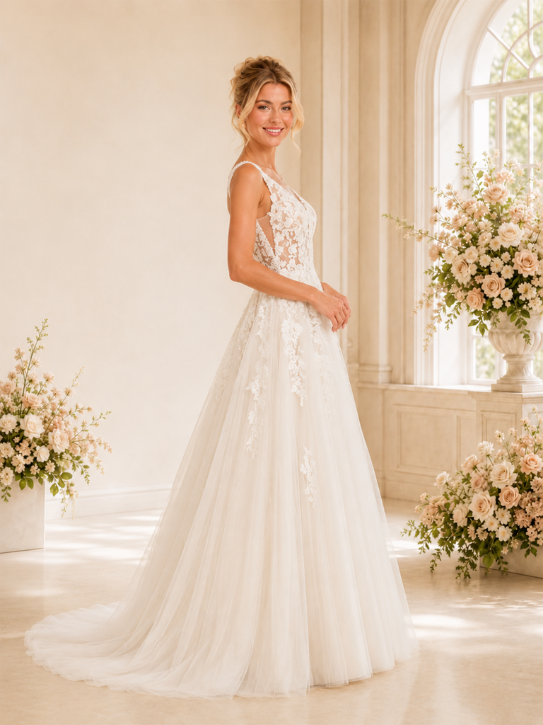ChicSew Sexy V-Neck Lace Tulle Sleeveless A-Line Floor-Length Wedding Dresses