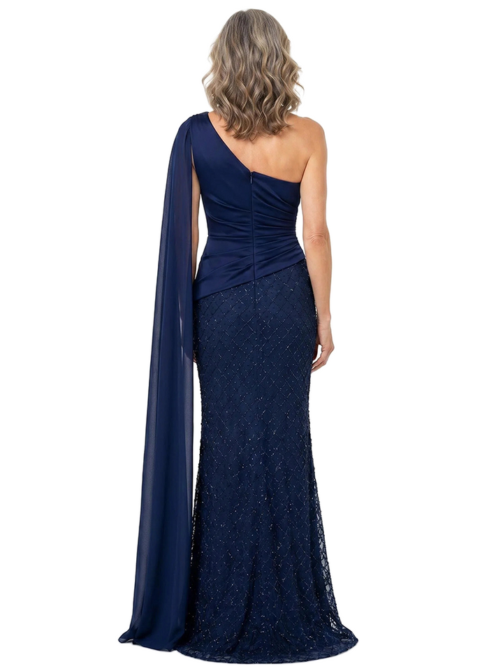 ChicSew Modern Beaded Satin Mother Of The Groom Dresses One Shoulder Mermaid Floor Length Formal Evening Gown With Drape