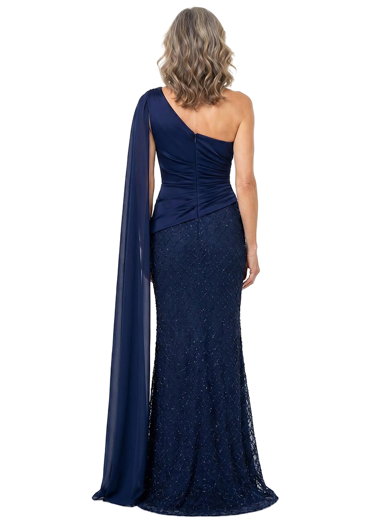 ChicSew Modern Beaded Satin Mother Of The Groom Dresses One Shoulder Mermaid Floor Length Formal Evening Gown With Drape