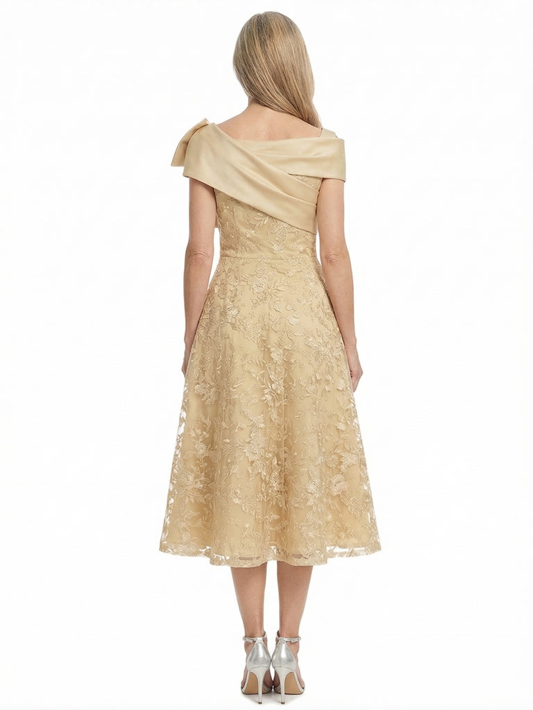 ChicSew Modern Tea-Length Lace Applique Mother Of The Groom Dress With Satin Bow Shoulder