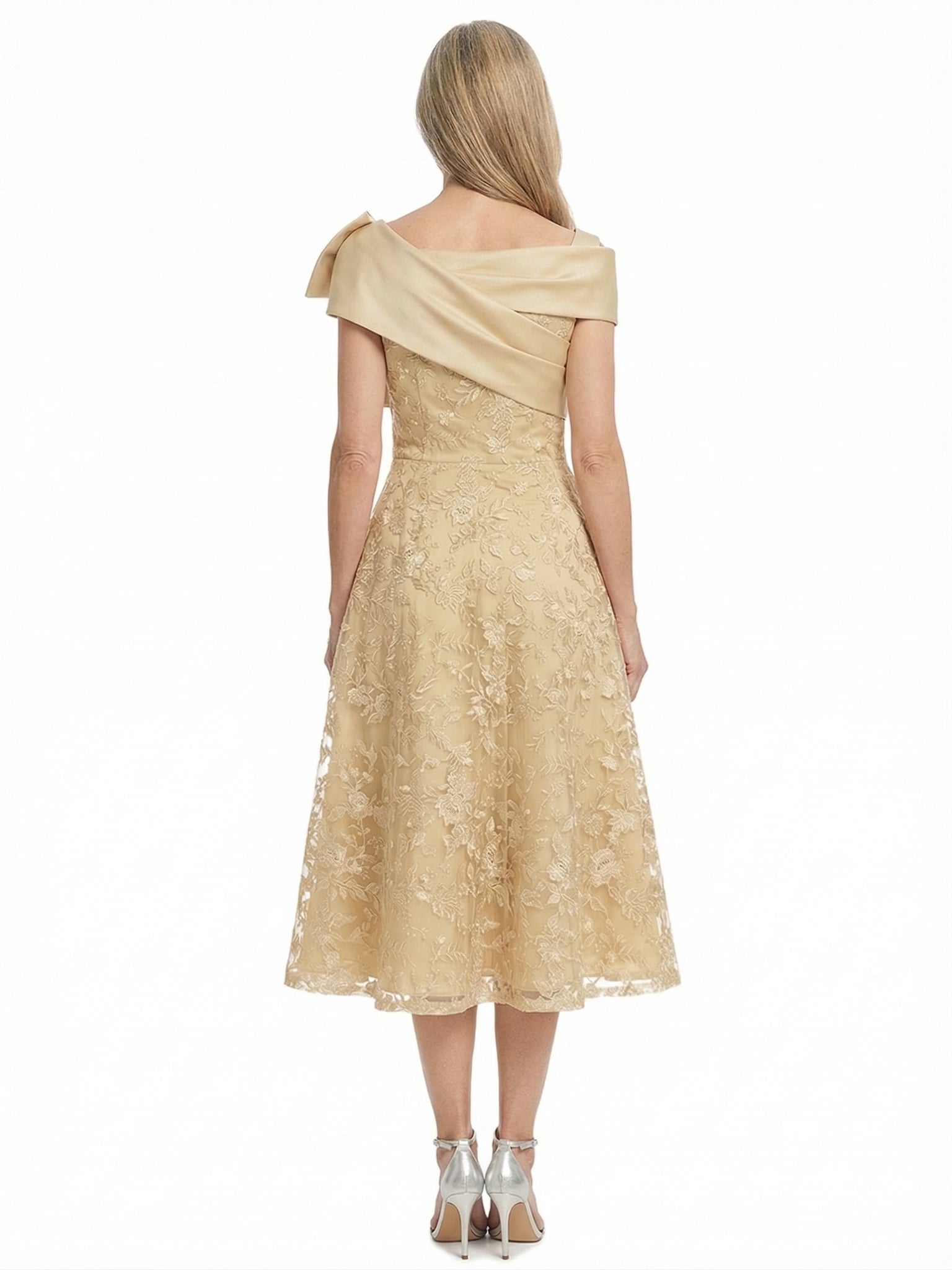 ChicSew Modern Tea-Length Lace Applique Mother Of The Groom Dress With Satin Bow Shoulder