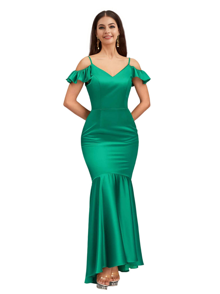 Sexy Mermaid Cold Shoulder Soft Satin Beauty Long Bridesmaid Dresses