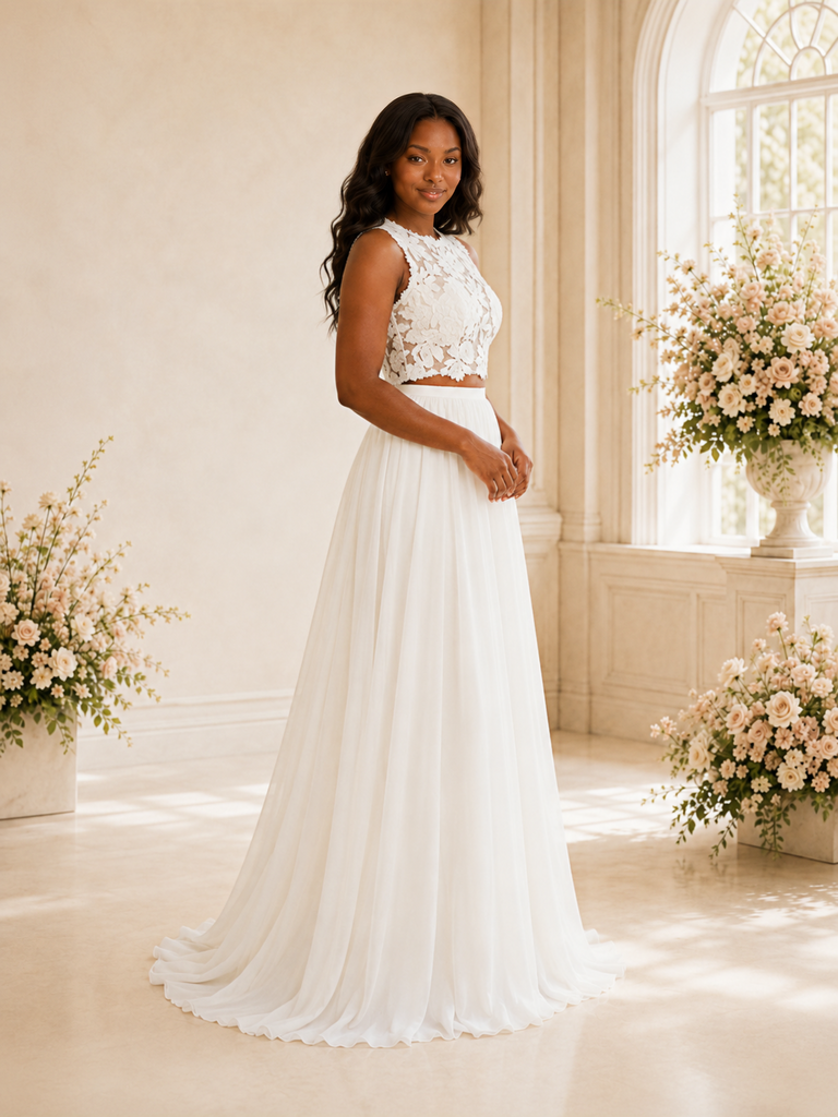 ChicSew Elegant Two Piece A-Line Jewel Sleeveless Lace Chiffon Maxi Wedding Dress