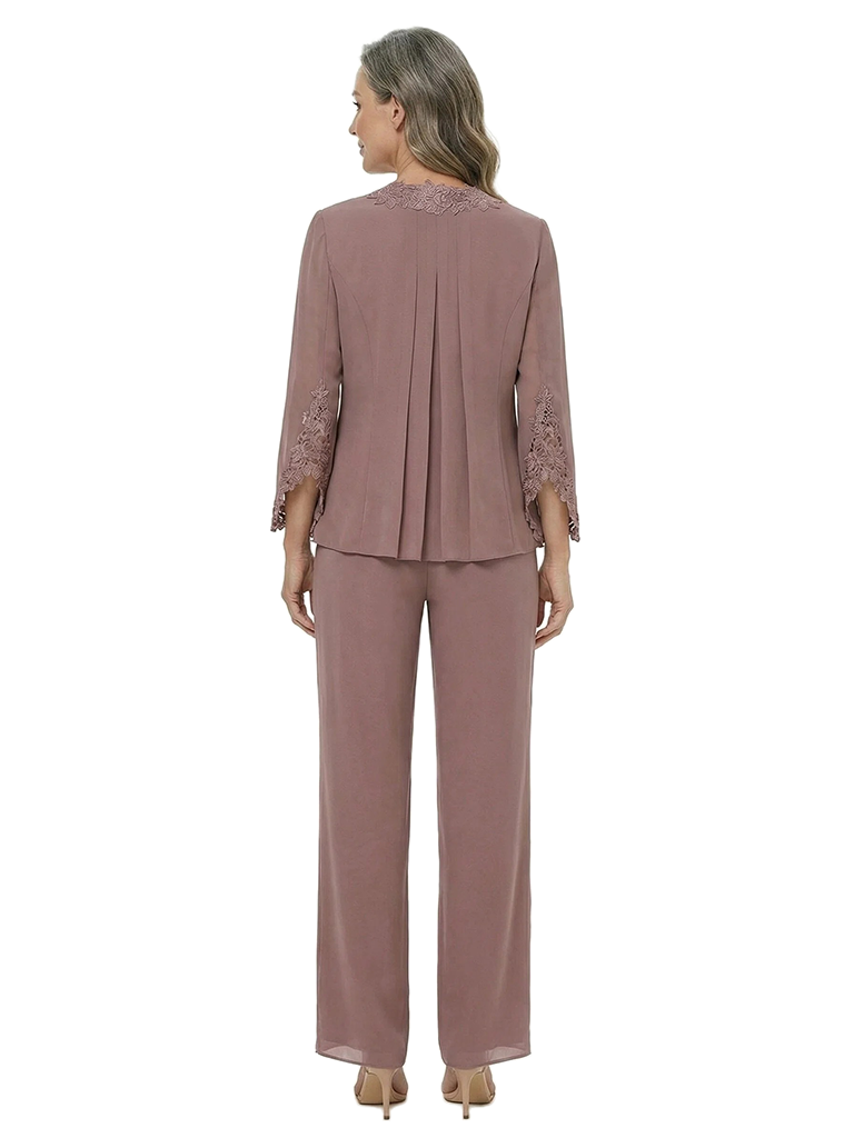ChicSew Modern Chiffon Mother Of The Bride Pant Suits With Lace Trimmed Bell Sleeves
