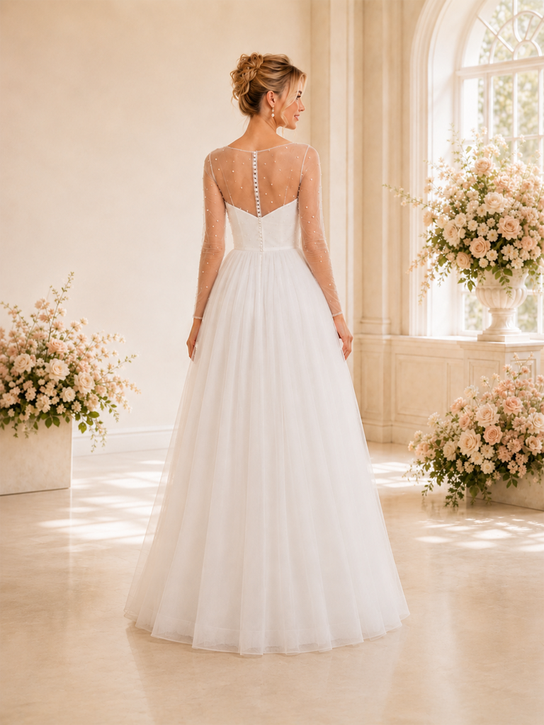 ChicSew Elegant Illusion Lace Tulle Long Sleeves A-Line Floor-Length Wedding dresses