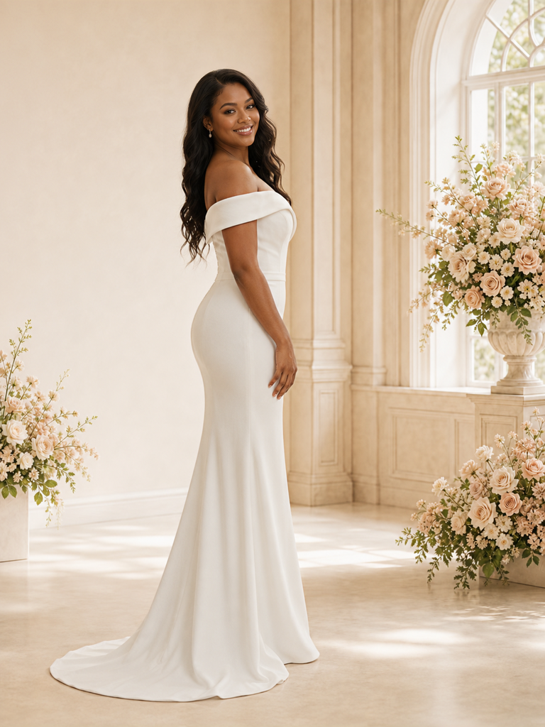 ChicSew Elegant Off The Shoulder Crepe Mermaid Floor-Length Wedding Dress