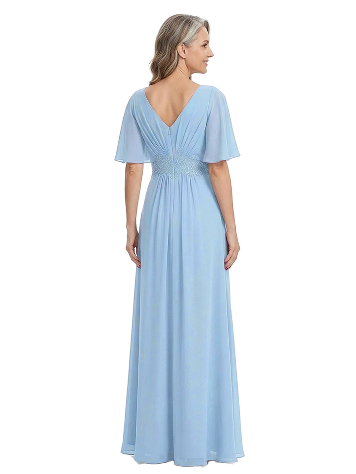 ChicSew Elegant Chiffon Flutter Sleeves V-Neck Ruched A-Line Mother Of The Bride Dress With Applique