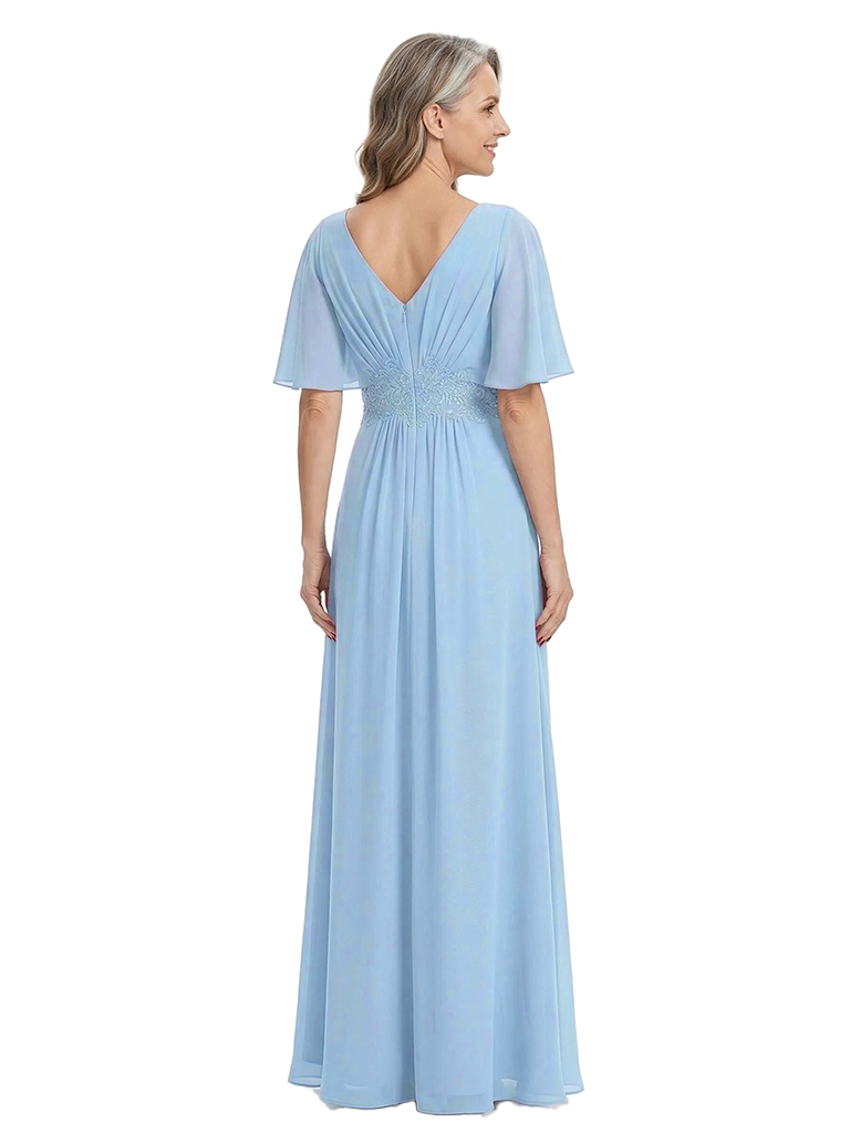 ChicSew Elegant Chiffon Flutter Sleeves V-Neck Ruched A-Line Mother Of The Bride Dress With Applique