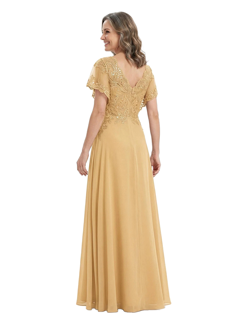 ChicSew V-Neck Flutter Sleeve Beaded Lace Applique Floor Length Chiffon Fancy Mother of the Bride Dresses