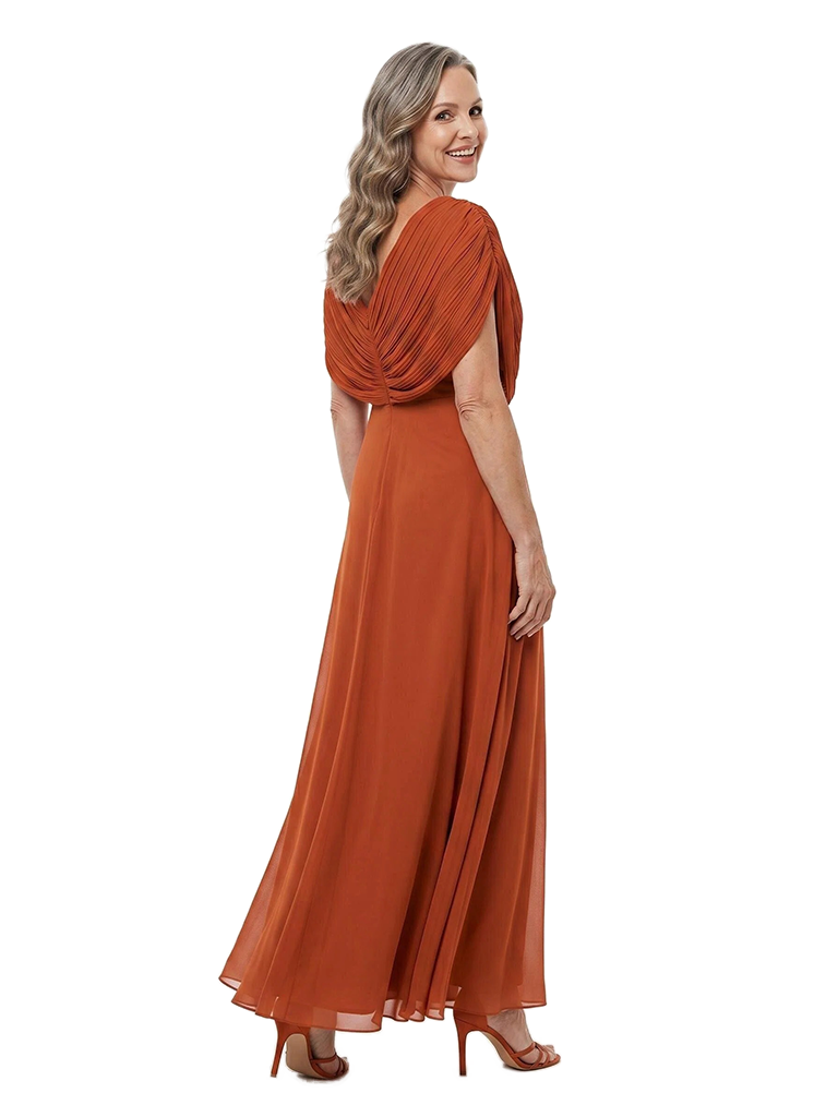 ChicSew V-Neck Draped Wrap Shoulder Chiffon Ankle Length A-Line Mother of the Bride Dress
