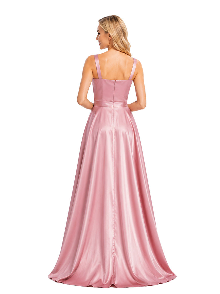 ChicSew Unique Square Neck Bow Tie A-Line Floor Length Satin Flowy Wedding Bridesmaid Dresses
