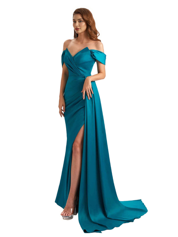 Sexy Silky Satin Off The Shoulder V-Neck Mermaid Long Bridesmaid Dresses Side Slit