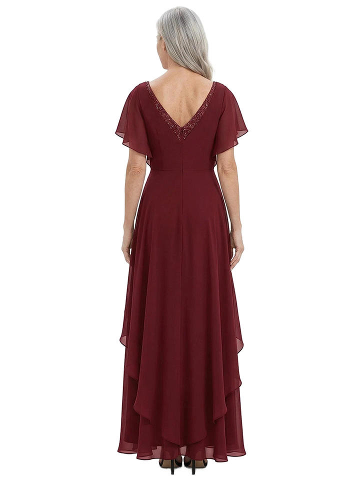 ChicSew V-Neck Flutter Sleeve Beaded Lace Applique Ruched Bodice High Low Hem Floor Length Chiffon Romantic Mom Of The Groom Dresses