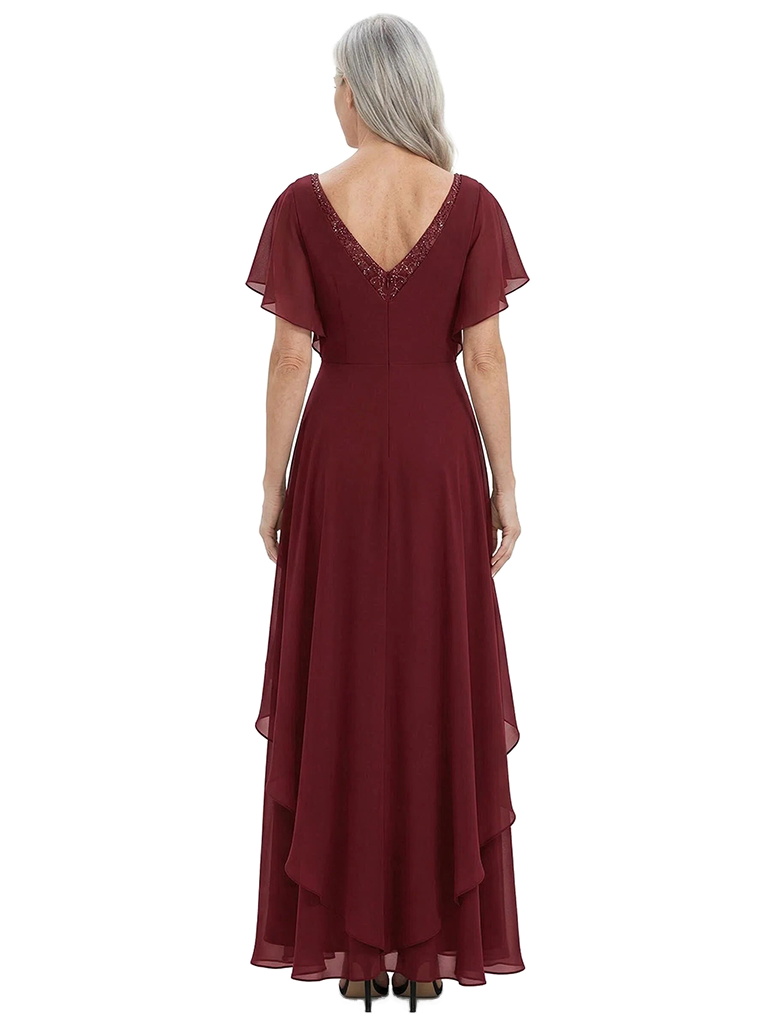 ChicSew V-Neck Flutter Sleeve Beaded Lace Applique Ruched Bodice High Low Hem Floor Length Chiffon Romantic Mom Of The Groom Dresses