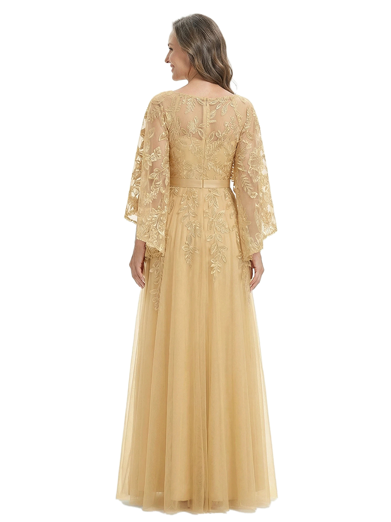 ChicSew Unique Square Neck Mother Of The Bride Dress With Flutter Cape Sleeves And Floral Lace