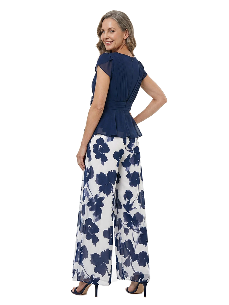 ChicSew Pretty Chiffon V-Neck Jumpsuit For Mother Of The Bride With Flower Detail
