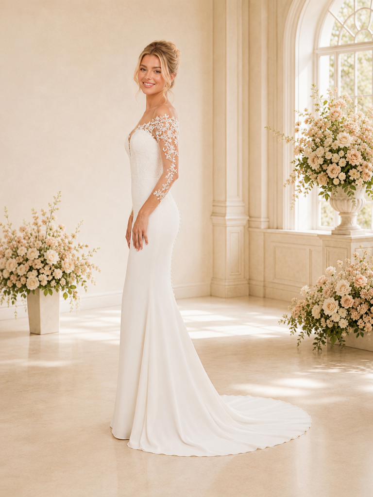 ChicSew Elegant Fancy Illusion Long Sleeves Crepe Mermaid Long Wedding Dresses With Lace Appliques