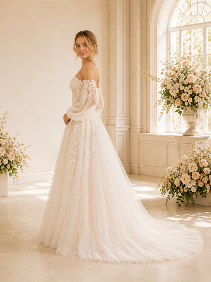 ChicSew Beautiful Sweetheart Lace Applique Tulle A-Line Long Puff Sleeves Maxi Wedding Dress