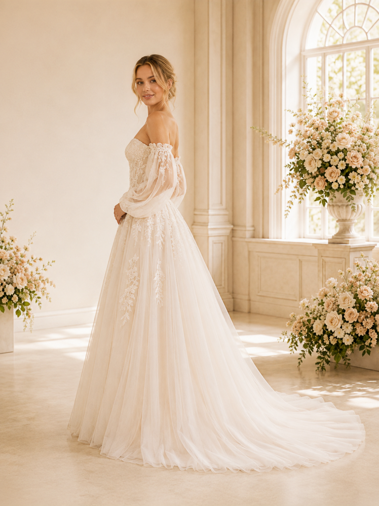 ChicSew Beautiful Sweetheart Lace Applique Tulle A-Line Long Puff Sleeves Maxi Wedding Dress