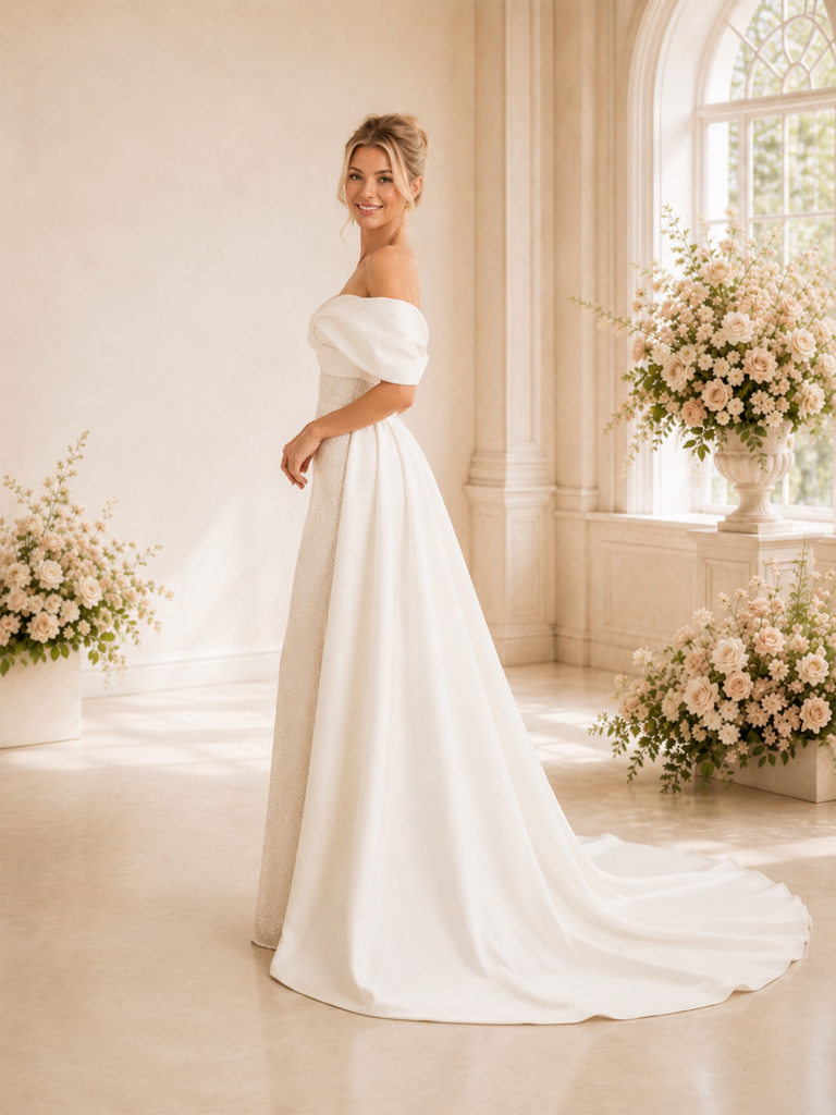 ChicSew Unique Off The Shoulder Glitter Tulle Mermaid Long Wedding Dresses With Satin Overskirt