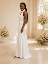 ChicSew Fancy Unique Square Neck Ruched Sleeveless Mermaid Satin Long Wedding Dress
